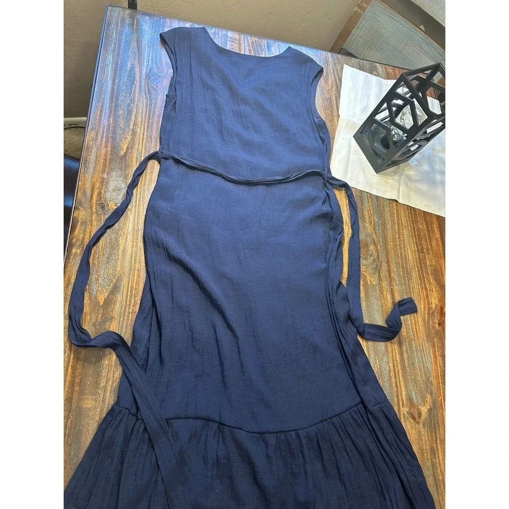 Nanette Lepore Dress Navy Blue Button Front Maxi Woman‎ Size 14 Tier Cottagecore